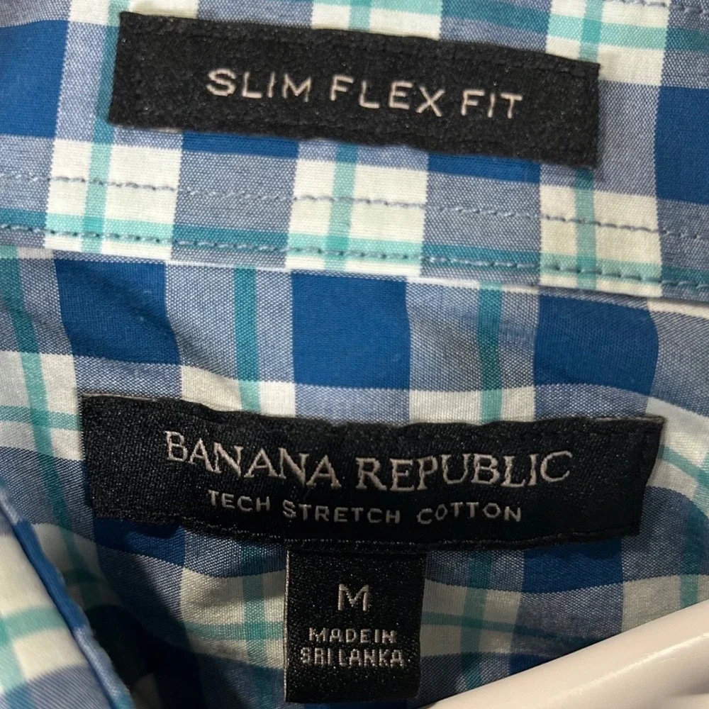 Banana Republic Mens Slim Flex Fit Tech Stretch Plaid Button Down Shirt Blue M